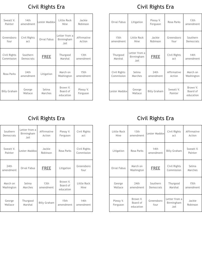 Civil Rights Era Bingo Cards