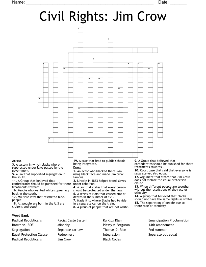 Civil Rights: Jim Crow Crossword