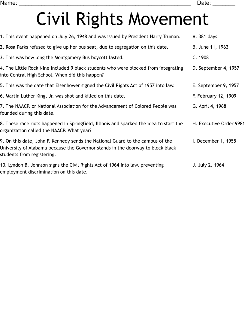 Civil Rights Movement Worksheet