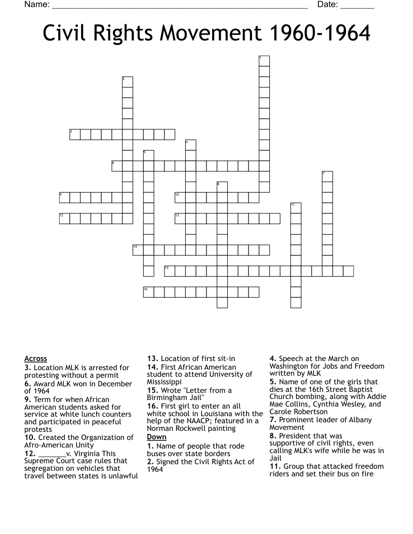 Civil Rights Movement 1960-1964 Crossword