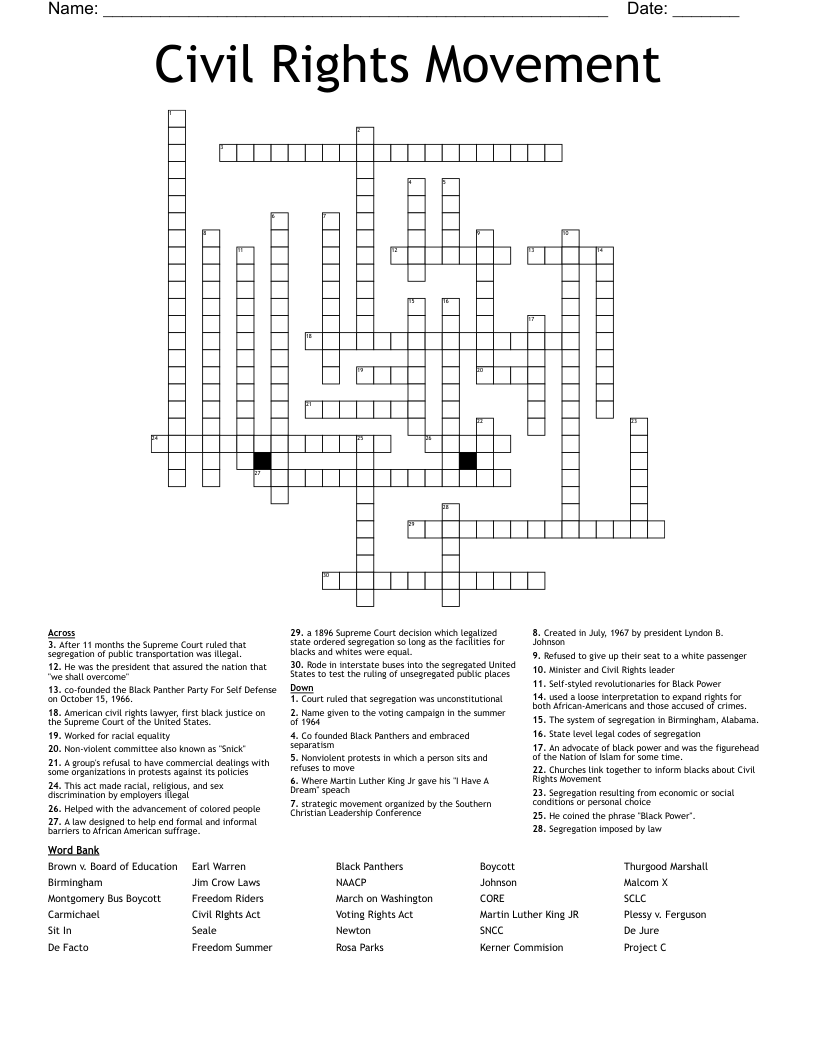 Civil Rights Movement Crossword