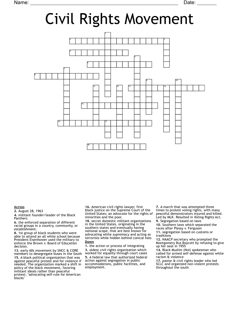 Civil Rights Movement Crossword