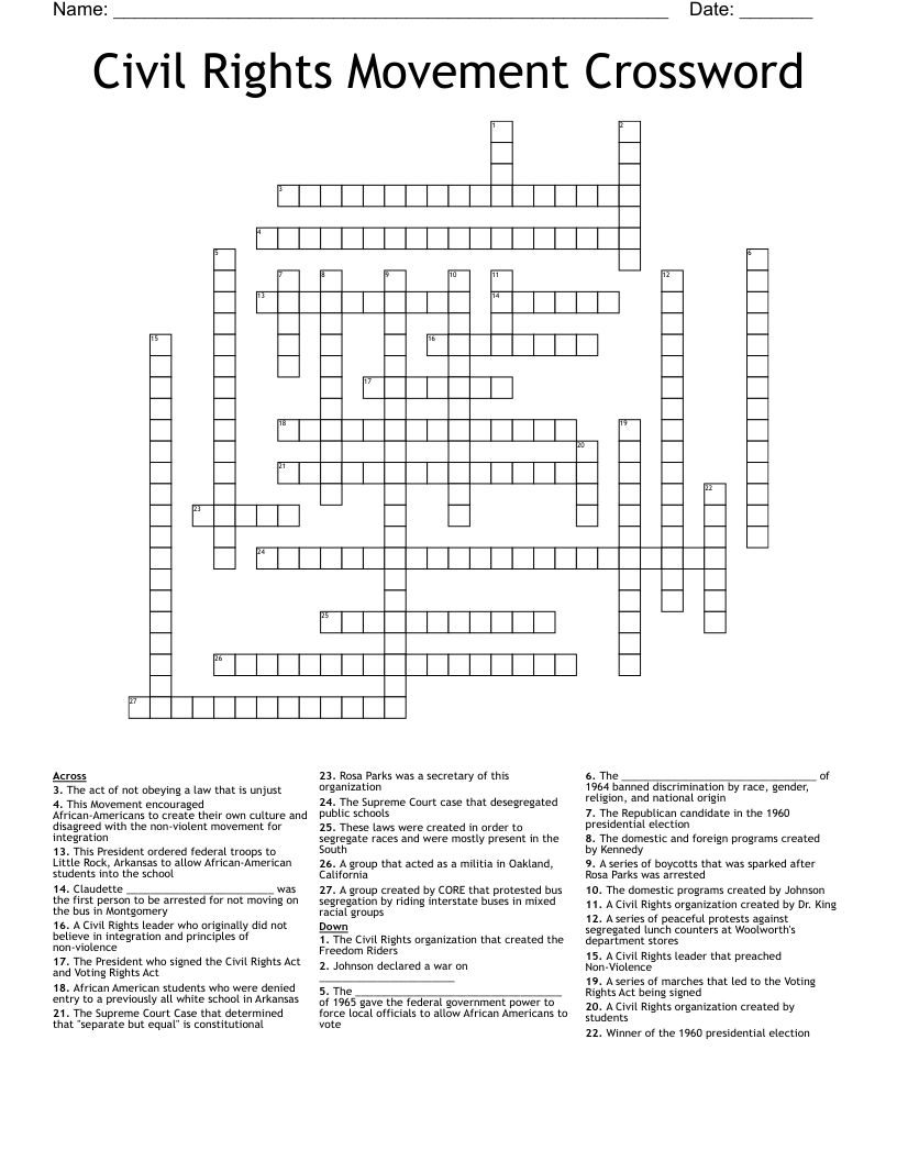Civil Rights Movement Crossword