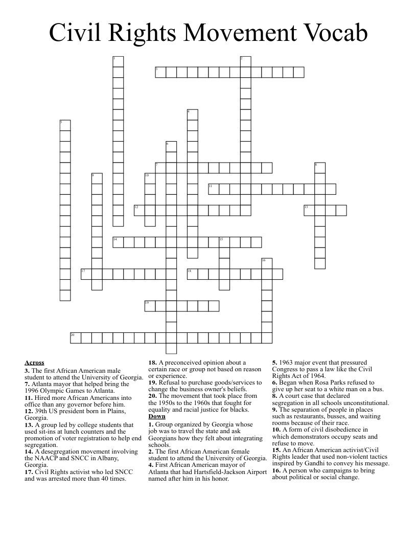 Civil Rights Movement Vocab Crossword