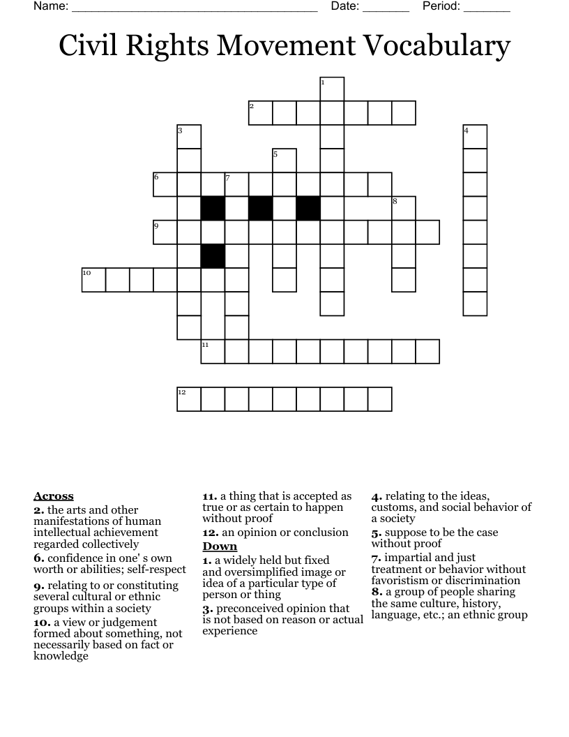 Civil Rights Movement Vocabulary Crossword