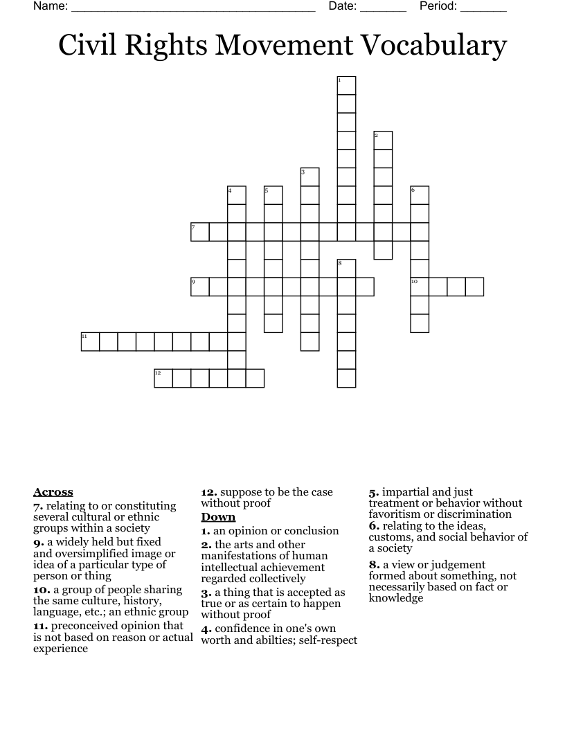 Civil Rights Movement Vocabulary Crossword