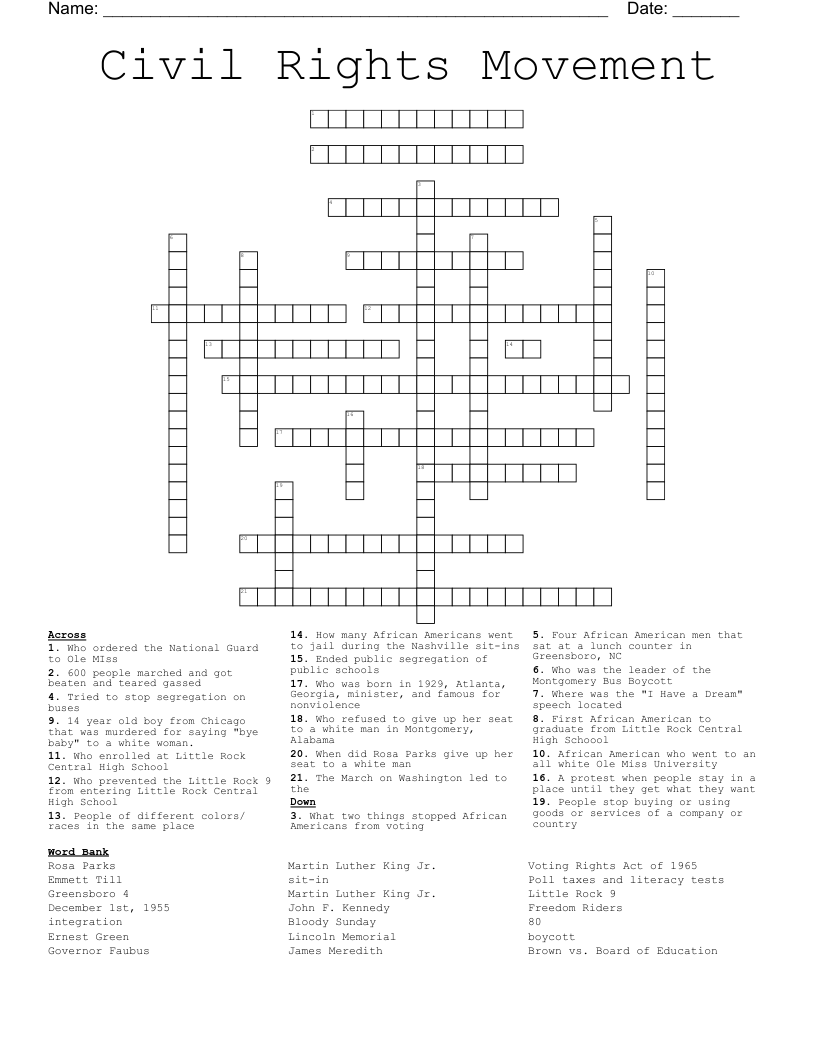 Civil Rights Movement  Crossword
