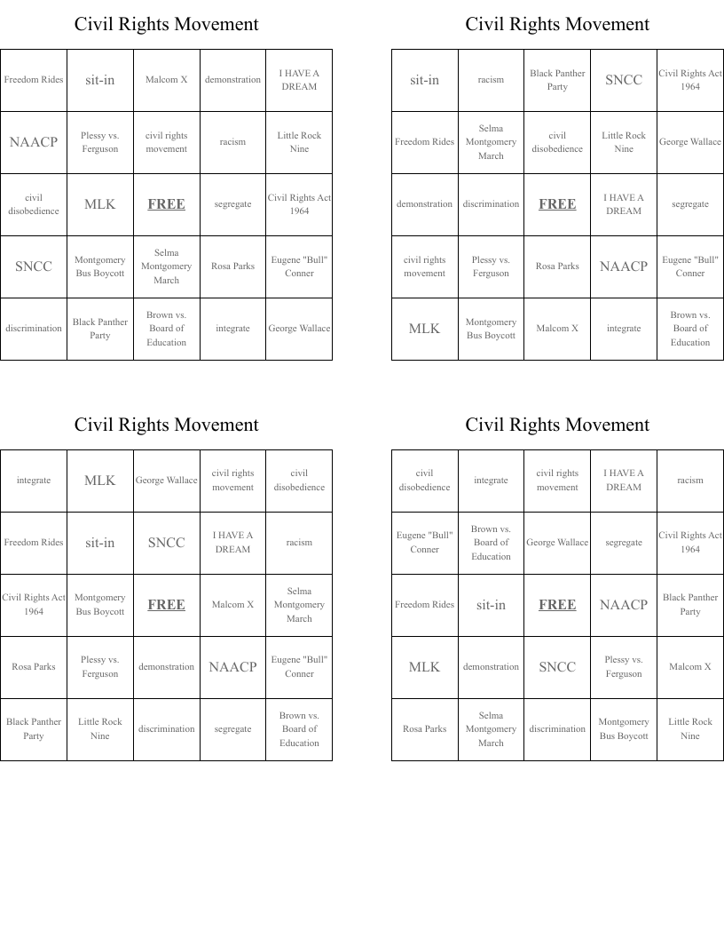 Civil Rights Movement  Bingo Cards