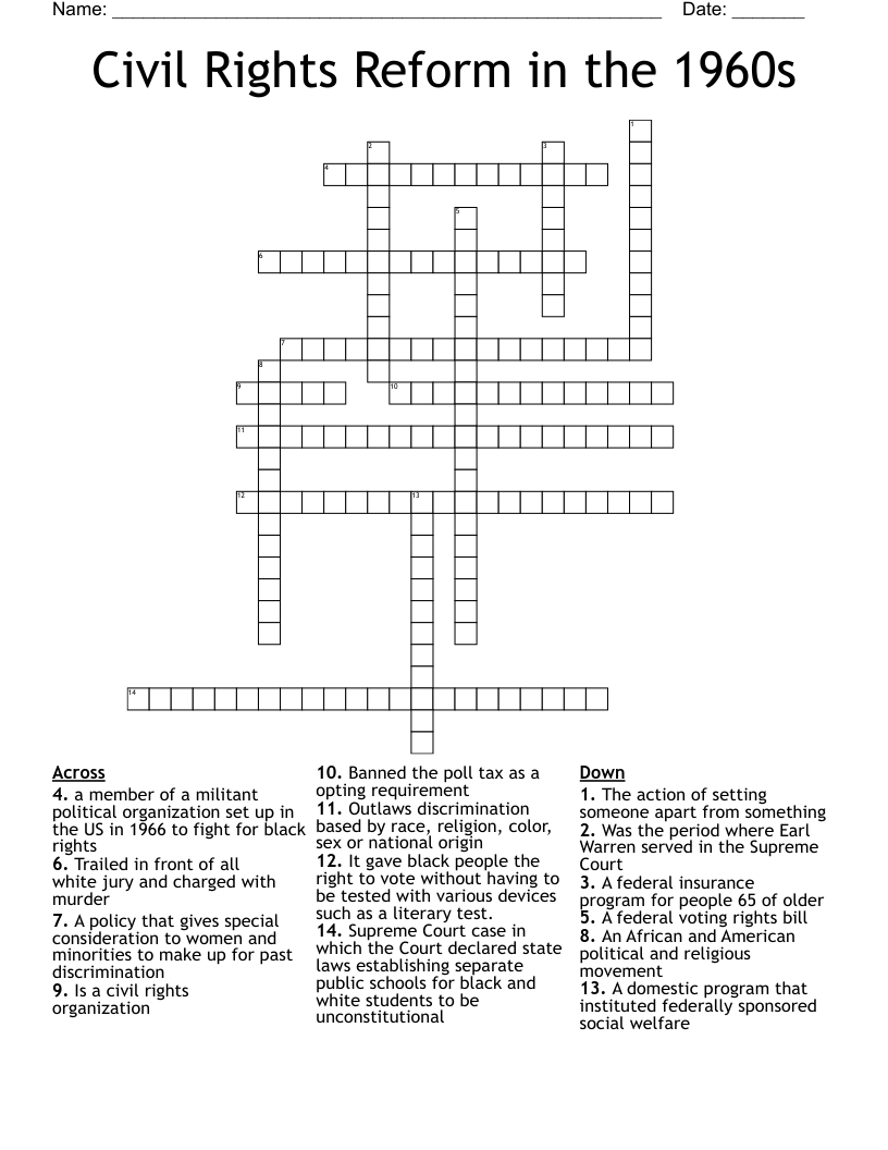 Civil Rights Reform in the 1960s Crossword