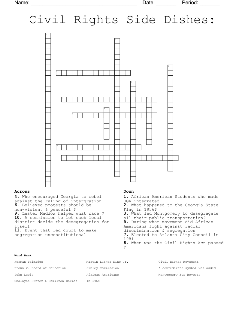 Civil Rights Side Dishes:  Crossword