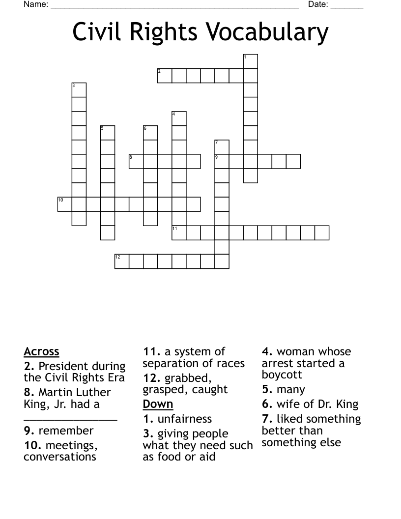 Civil Rights Vocabulary Crossword