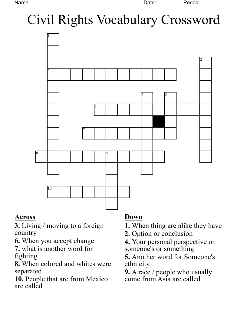 Civil Rights Vocabulary Crossword 
