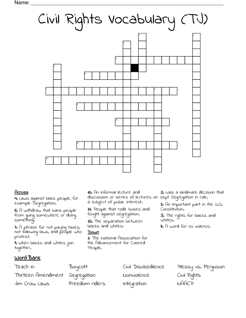 Civil Rights Vocabulary (TJ) Crossword