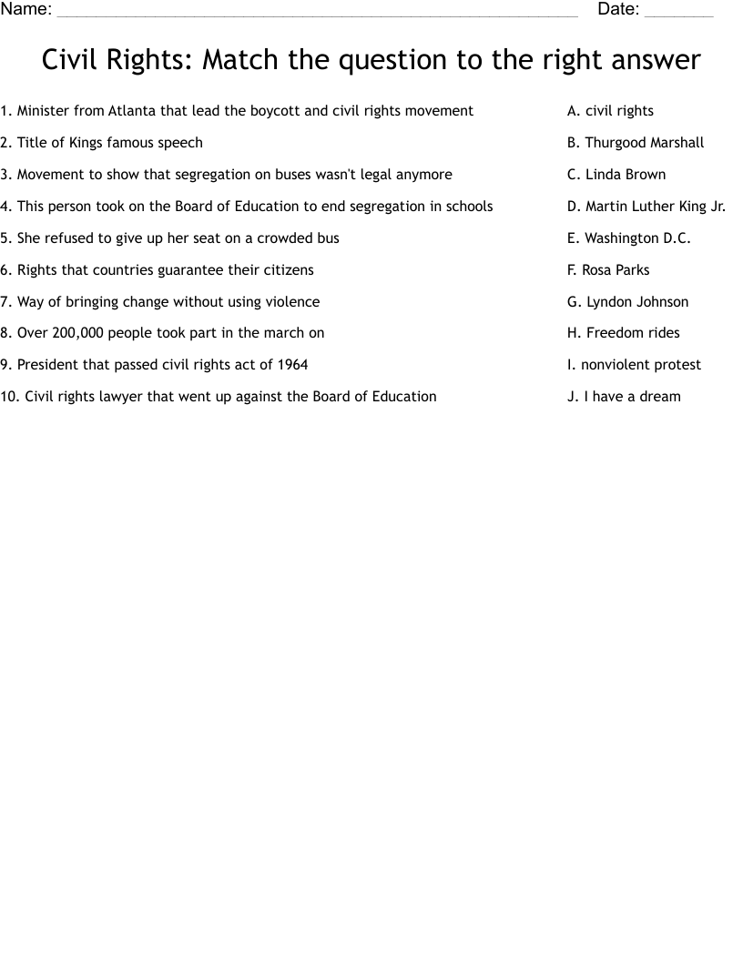 Civil Rights:  Match the question to the right answer Worksheet