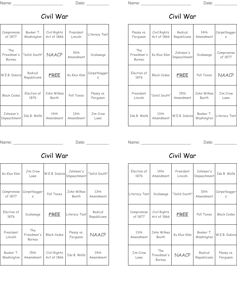 Civil War Bingo Cards