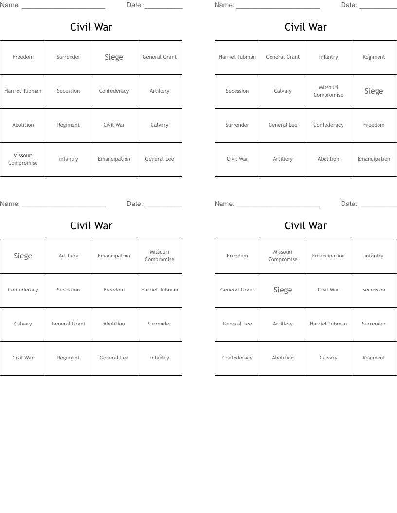 Civil War Bingo Cards