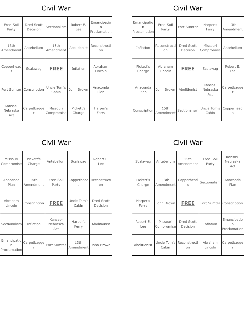 Civil War Bingo Cards