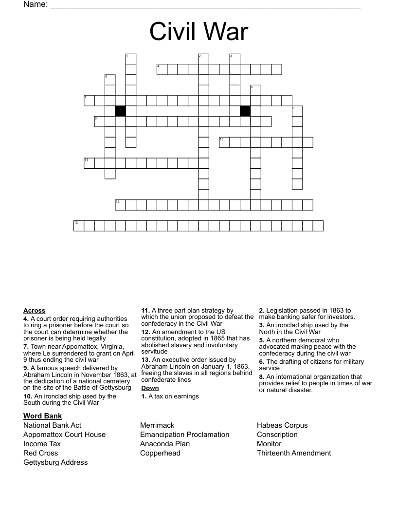 Civil War Crossword
