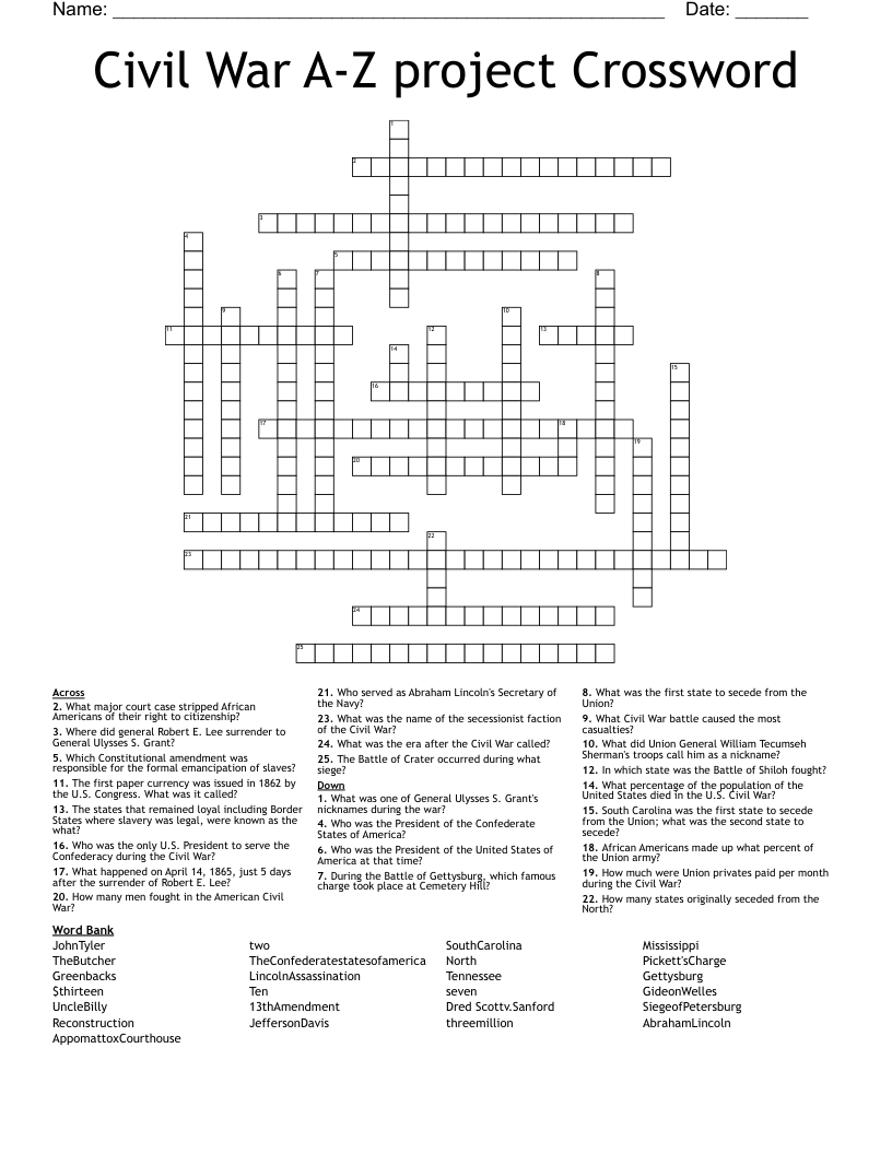 Civil War A-Z project Crossword