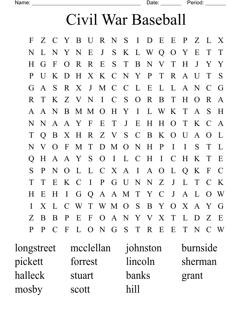 Civil War Baseball Word Search