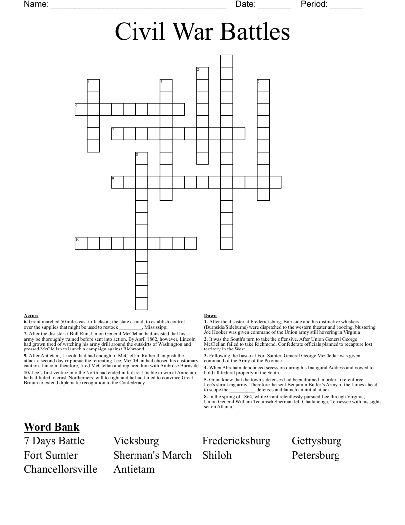 Civil War Battles Crossword