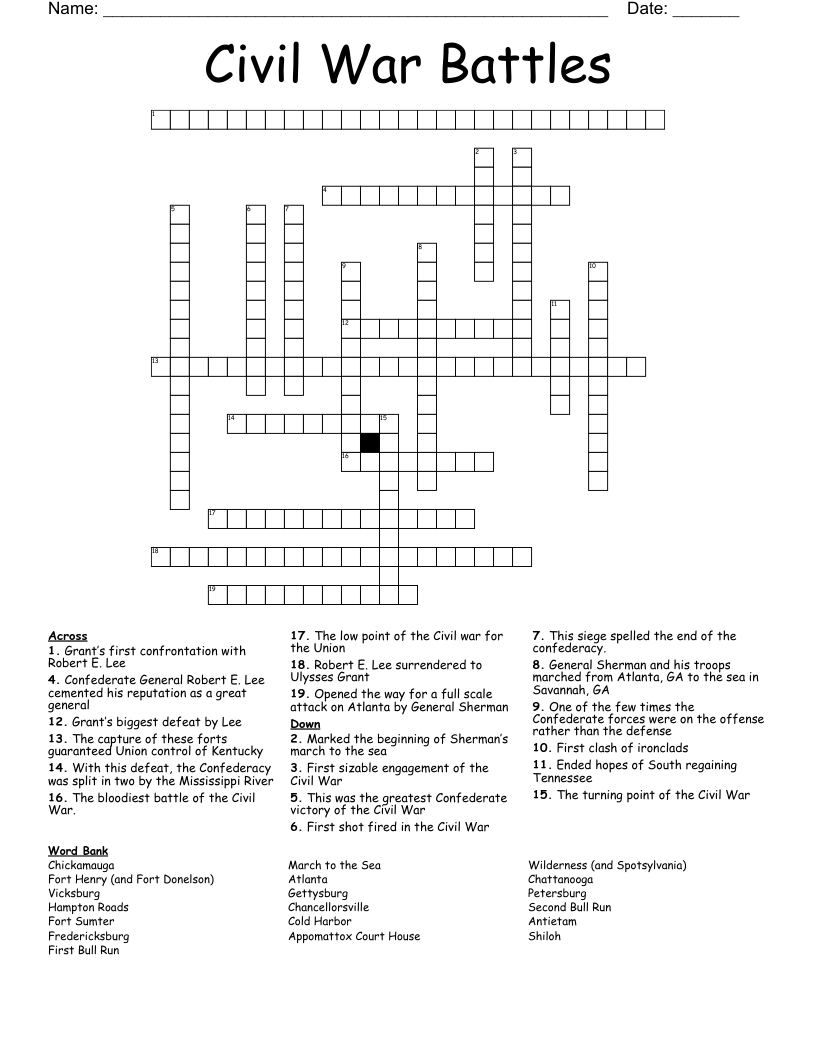 Civil War Battles Crossword
