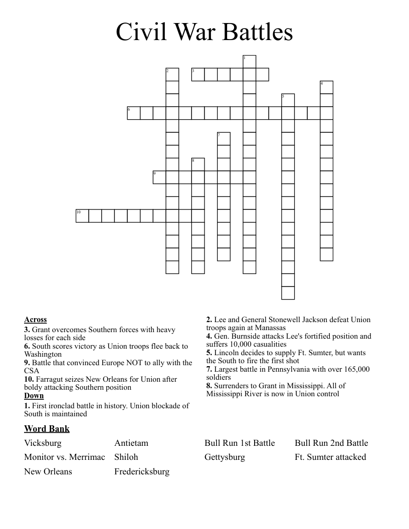 Civil War Battles Crossword