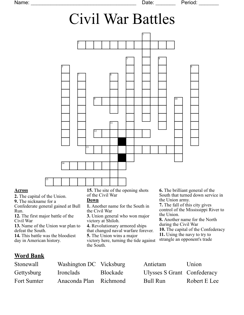 Civil War Battles Crossword