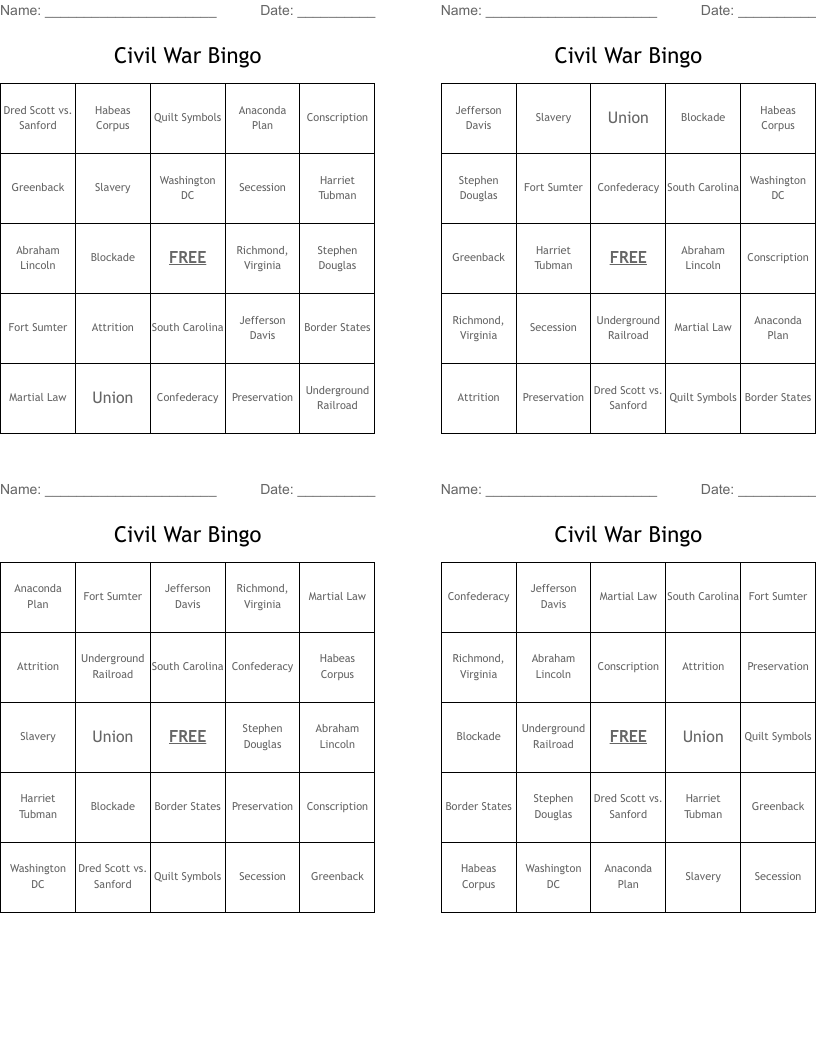 Civil War Bingo