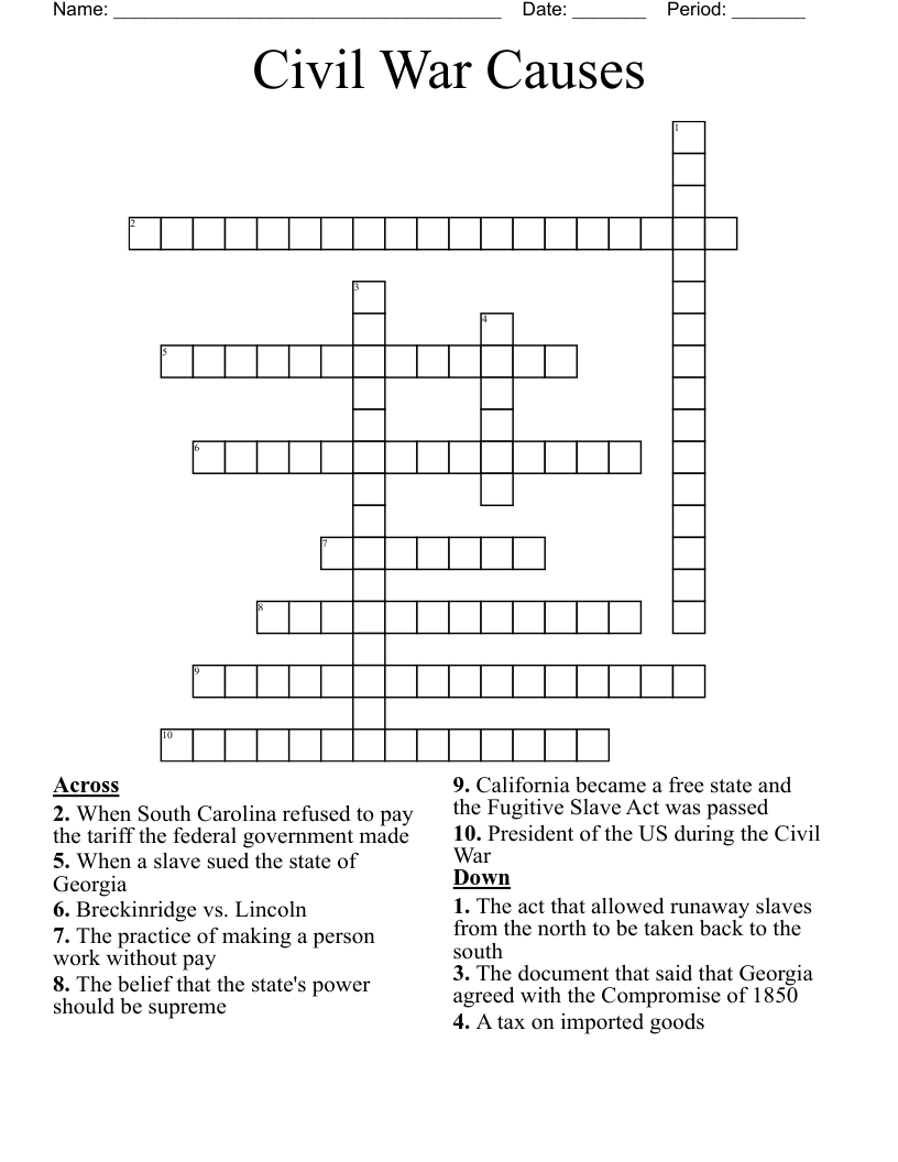 Civil War Causes Crossword