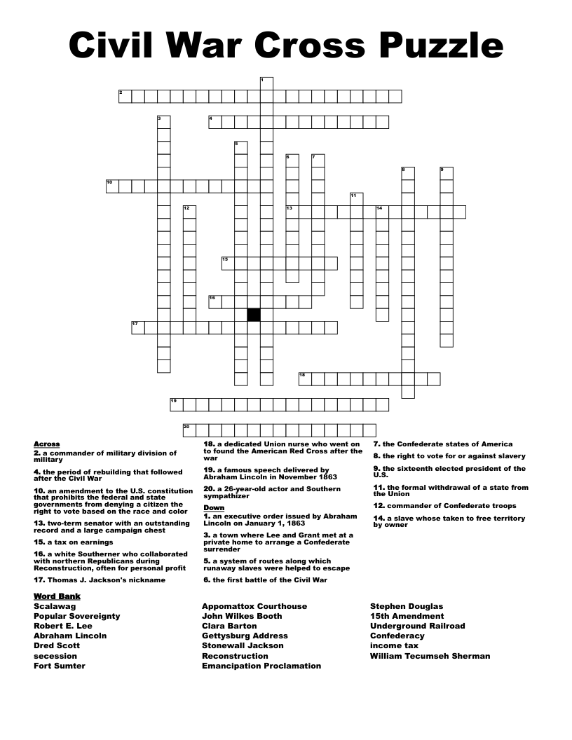 Civil War Cross Puzzle Crossword
