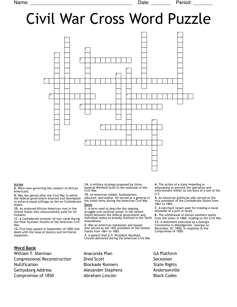 Civil War Cross Word Puzzle