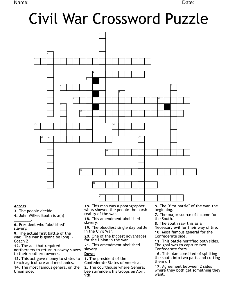 Civil War Crossword Puzzle