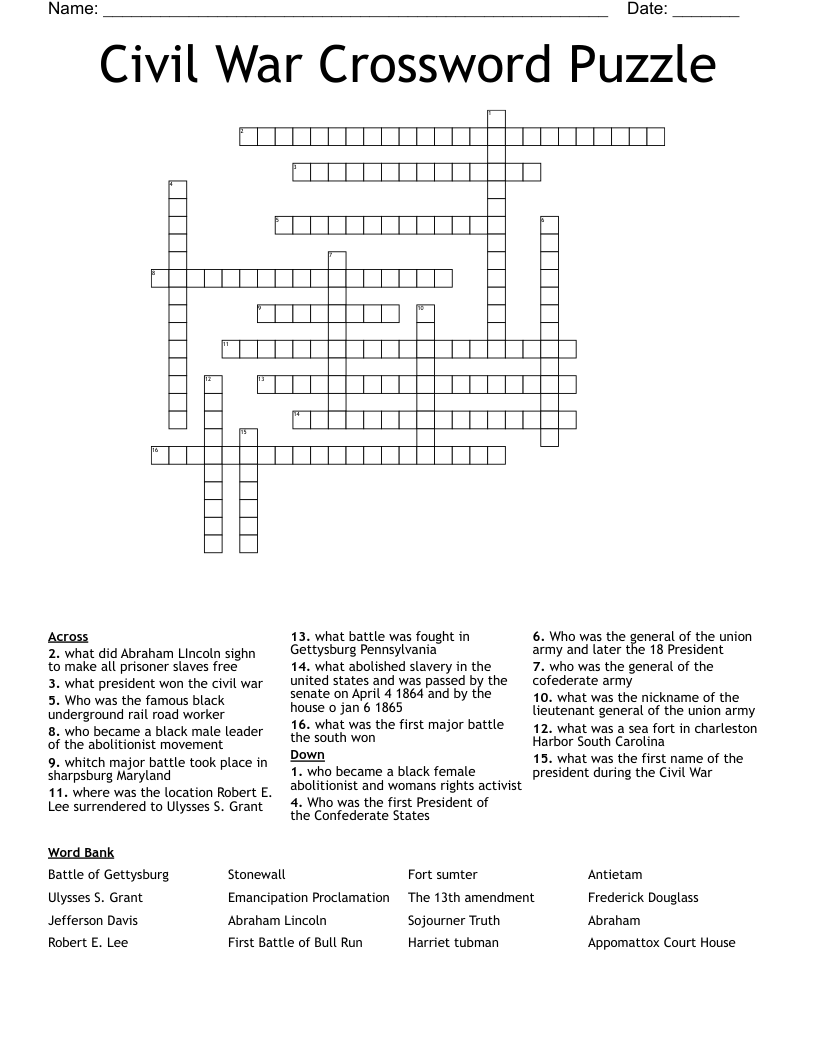 Civil War Crossword Puzzle
