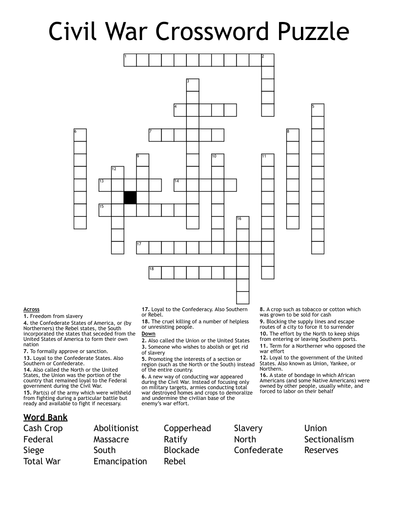 Civil War Crossword Puzzle