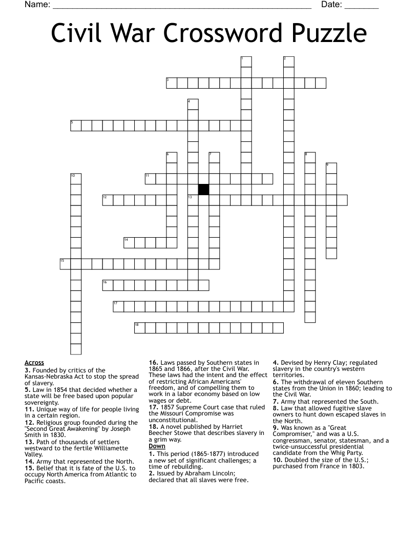Civil War Crossword Puzzle