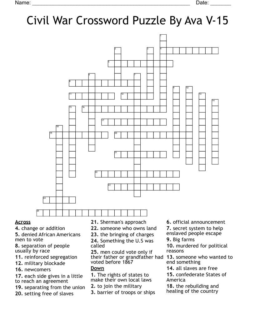 Civil War Crossword Puzzle By Ava V-15
