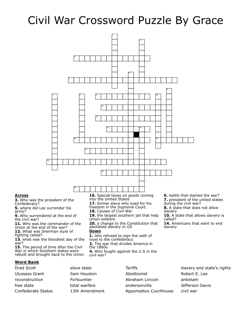Civil War Crossword Puzzle By Grace 