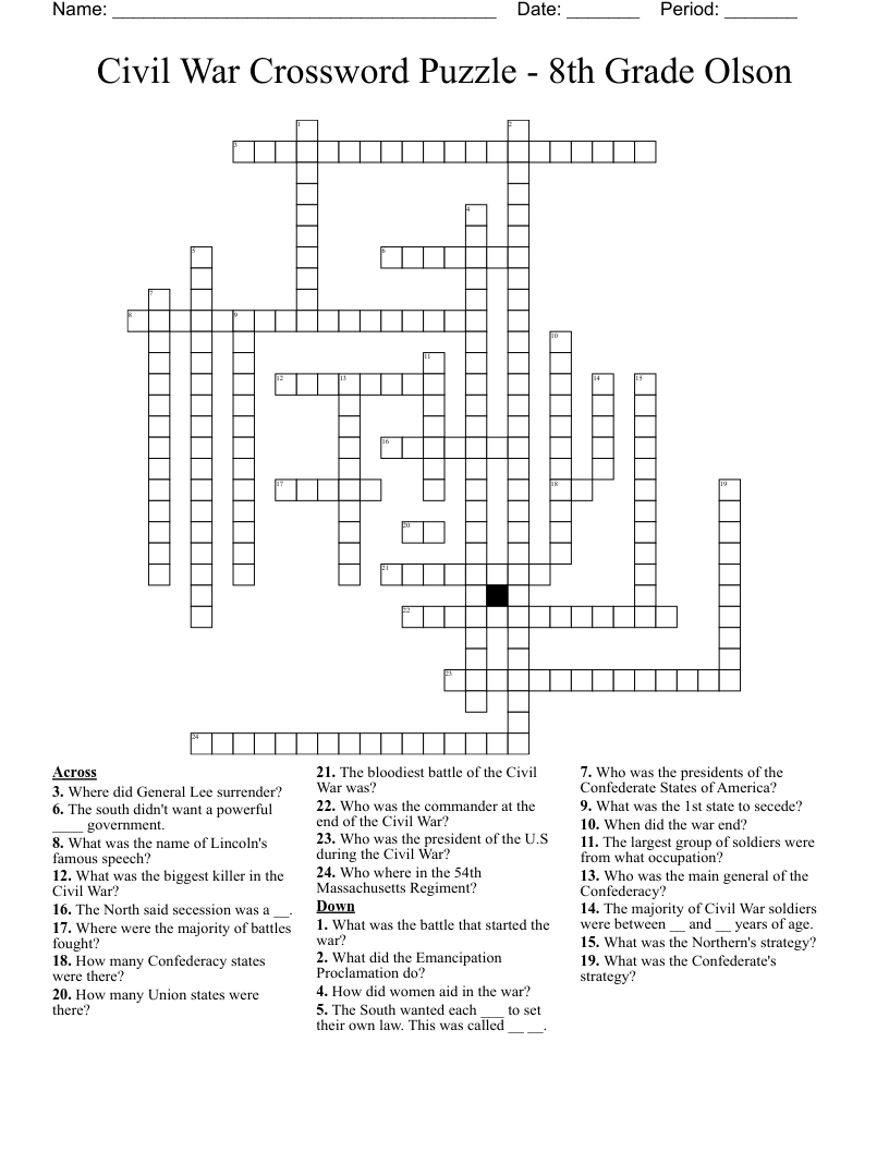 Civil War Crossword Puzzle - 8th Grade Olson 