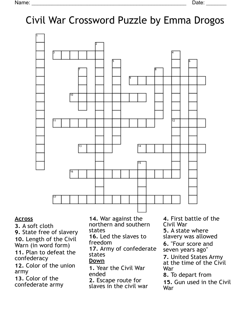 Civil War Crossword Puzzle by Emma Drogos
