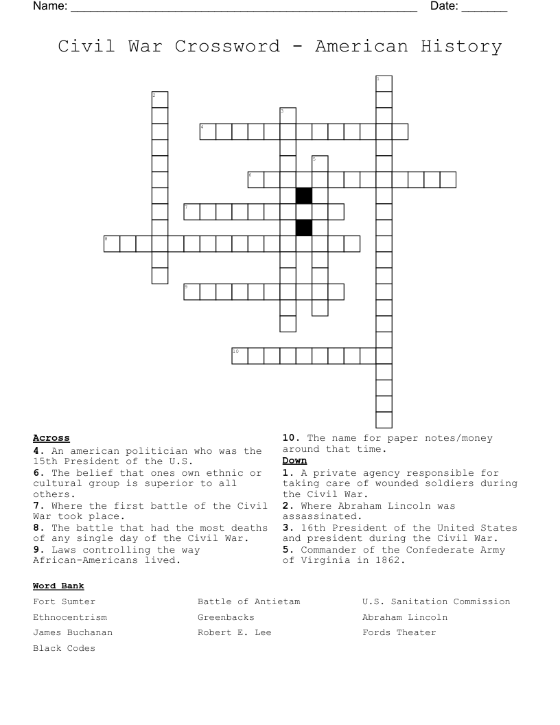 Civil War Crossword - American History