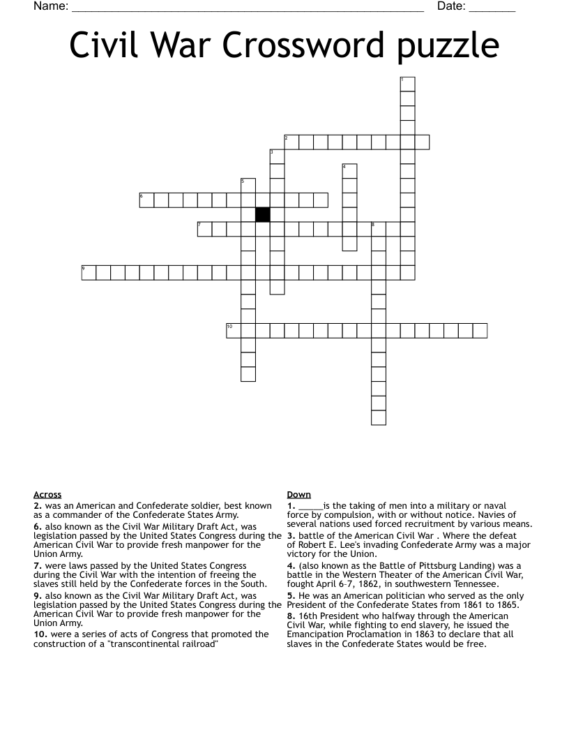 Civil War Crossword puzzle