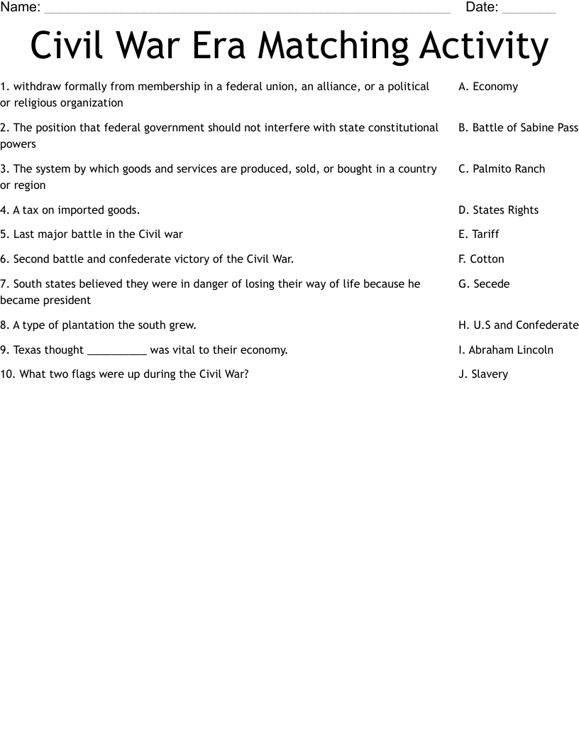 Civil War Era Matching Activity Worksheet