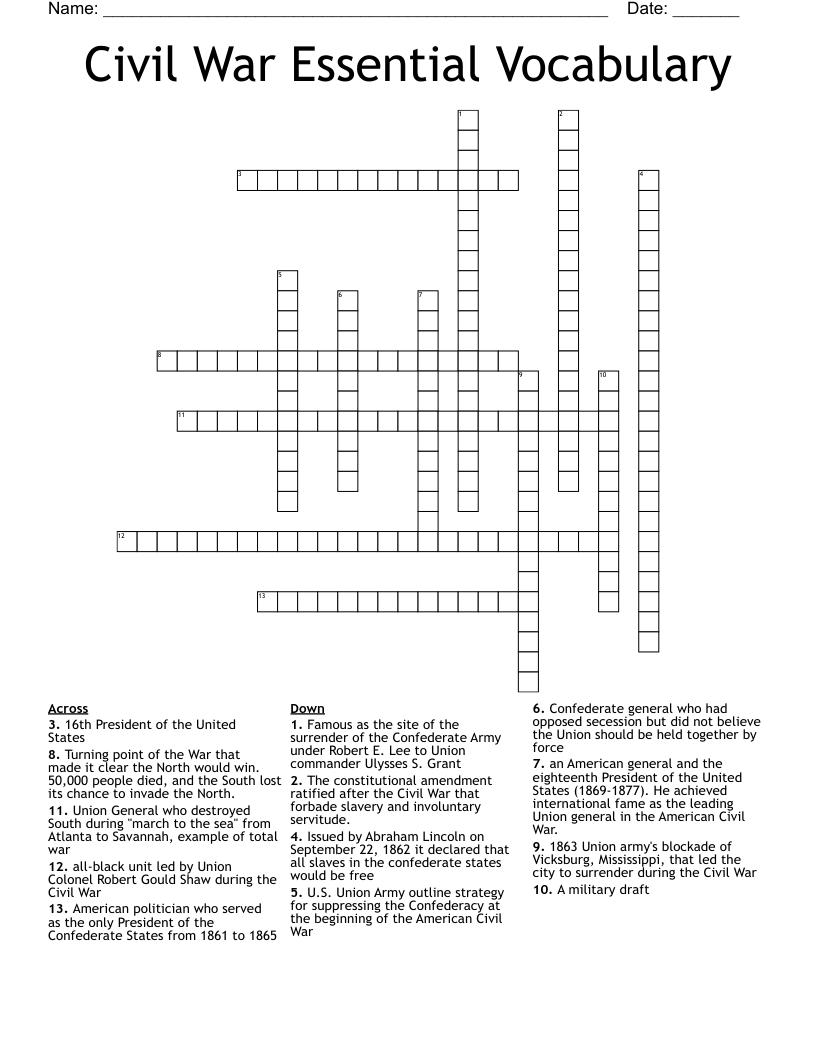 Civil War Essential Vocabulary Crossword