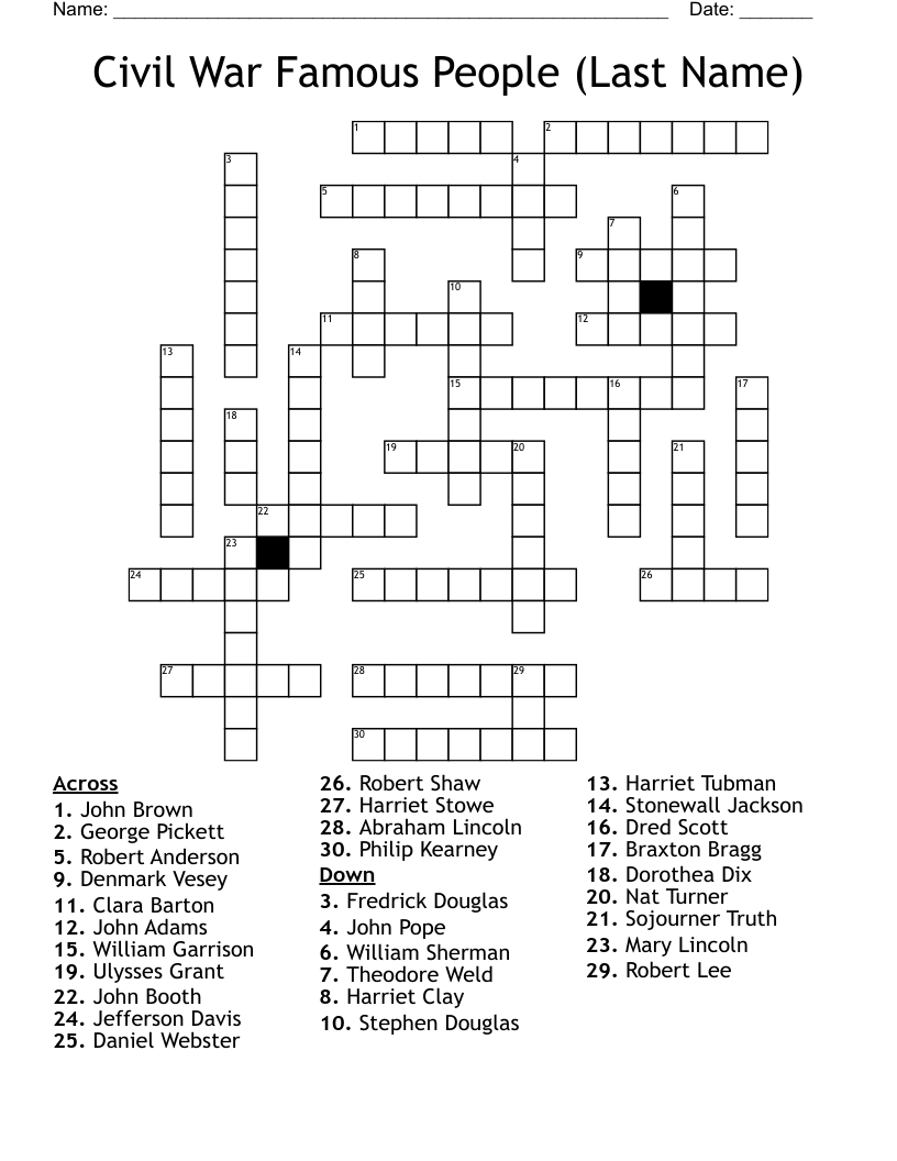 Civil War Famous People (Last Name) Crossword