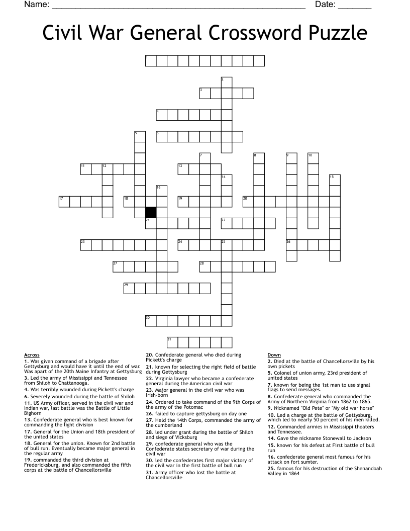 Civil War General Crossword Puzzle