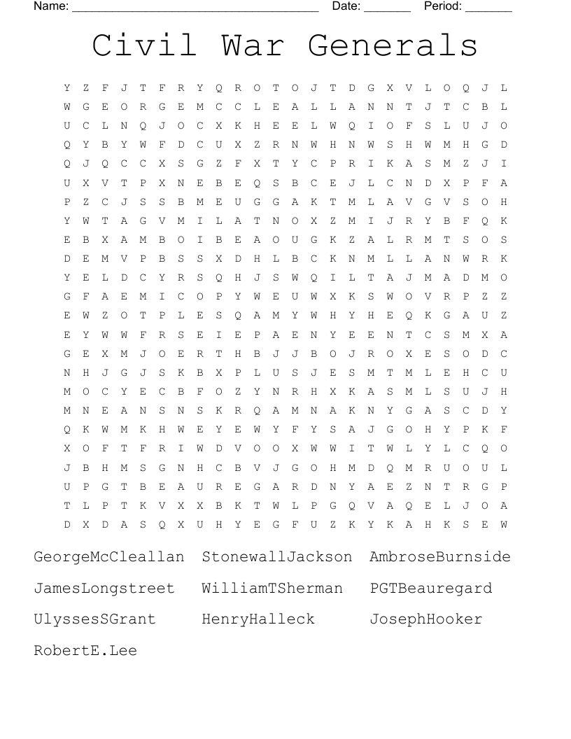Civil War Generals Word Search
