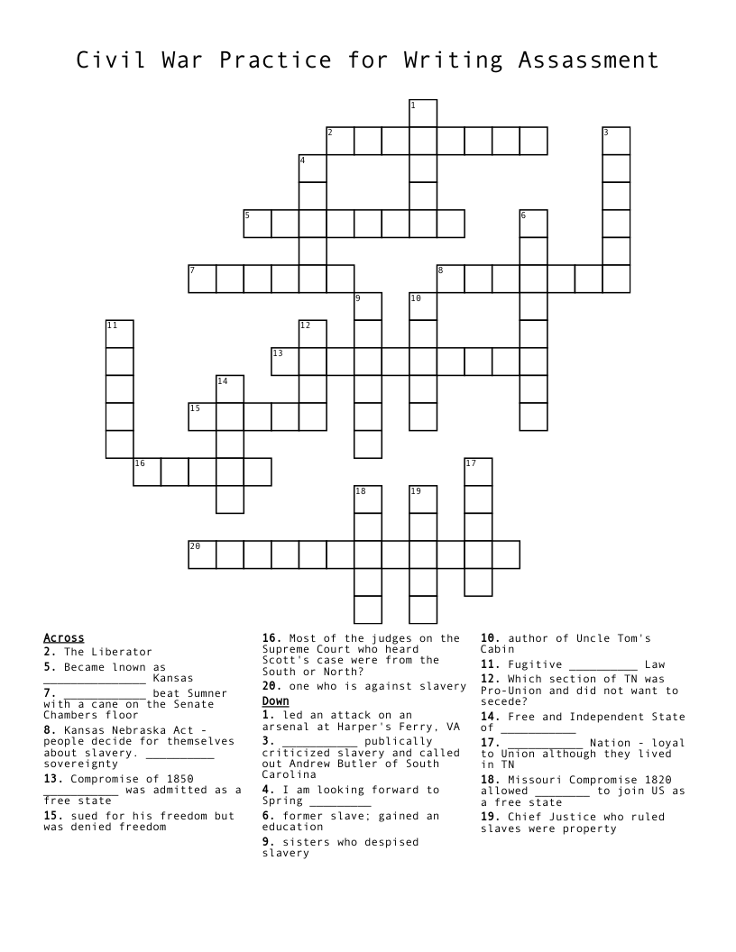 Civil War Practice for Writing Assassment Crossword