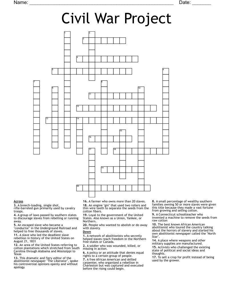 Civil War Project Crossword