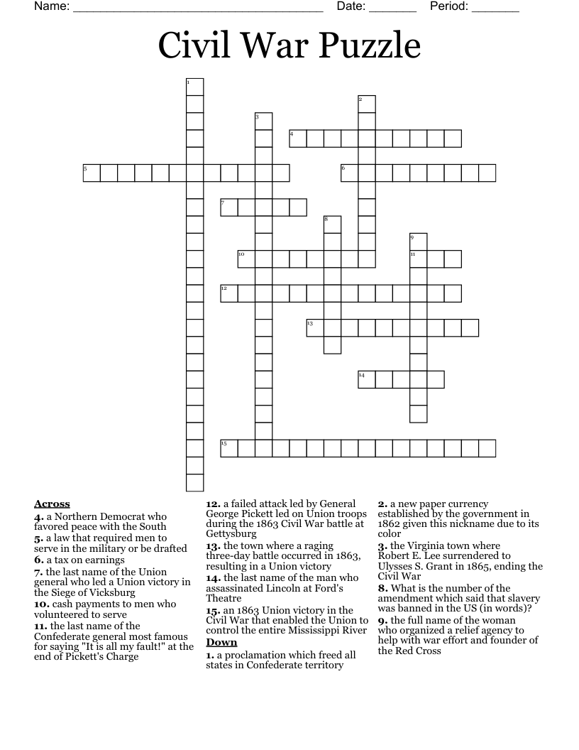 Civil War Puzzle Crossword